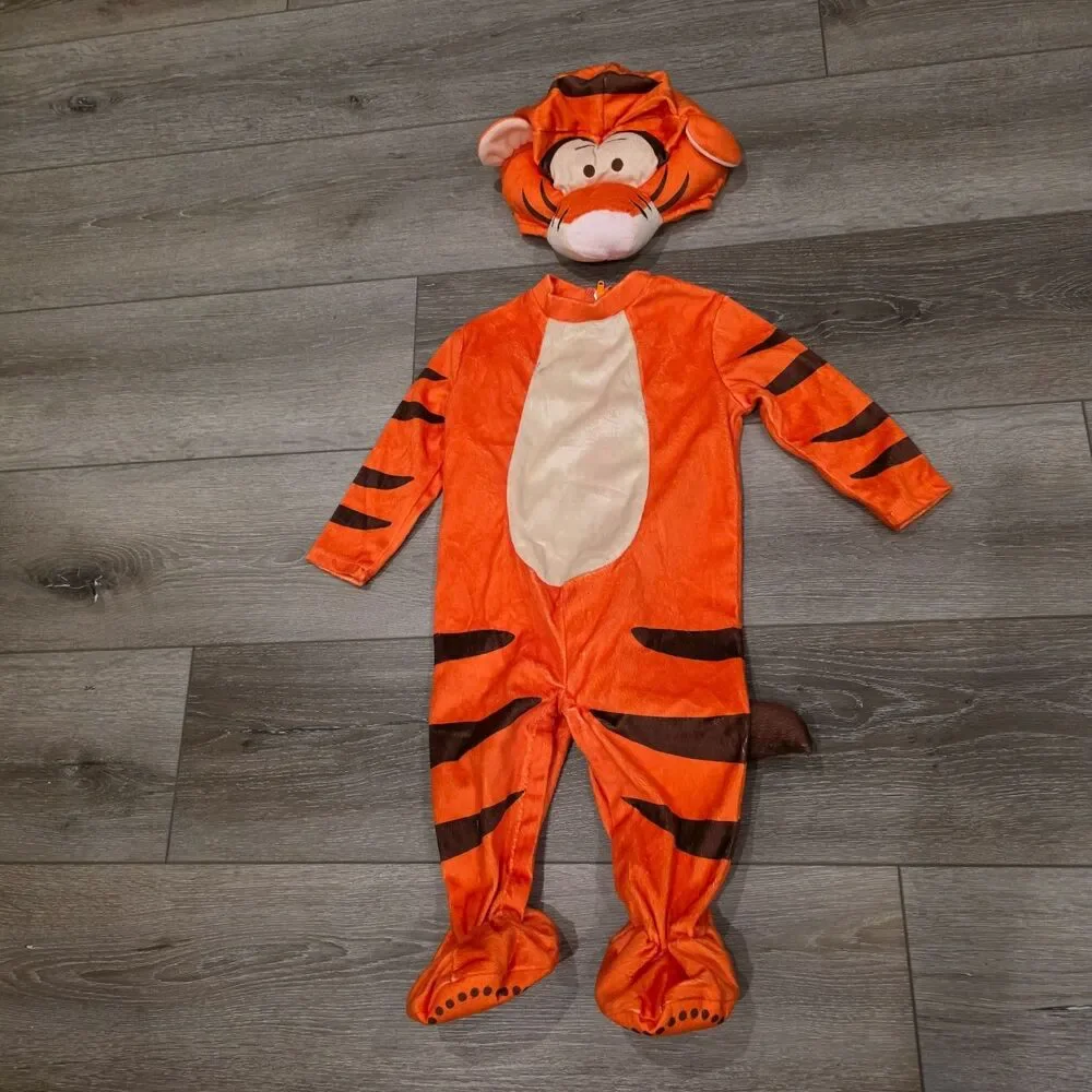 Disney Winnie Pooh Baby Infant Tigger Costume 0-6 Month Jumpsuit W/ Tail & Hood